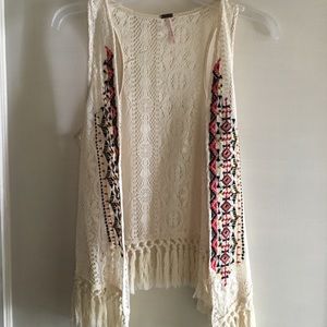 Poof! front embroidered lace fringed vest, size S